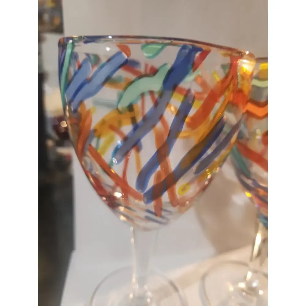 2 Pier 1 Imports Multicolor Confetti Hand Blown Art Glass Wine Goblets 8